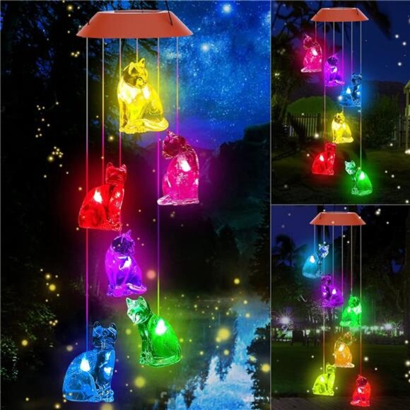 Cat Solar Wind Chimes Light,Solar Cat Wind Chimes Outside,Cat Solar Light Gifts - Picture 2 of 7